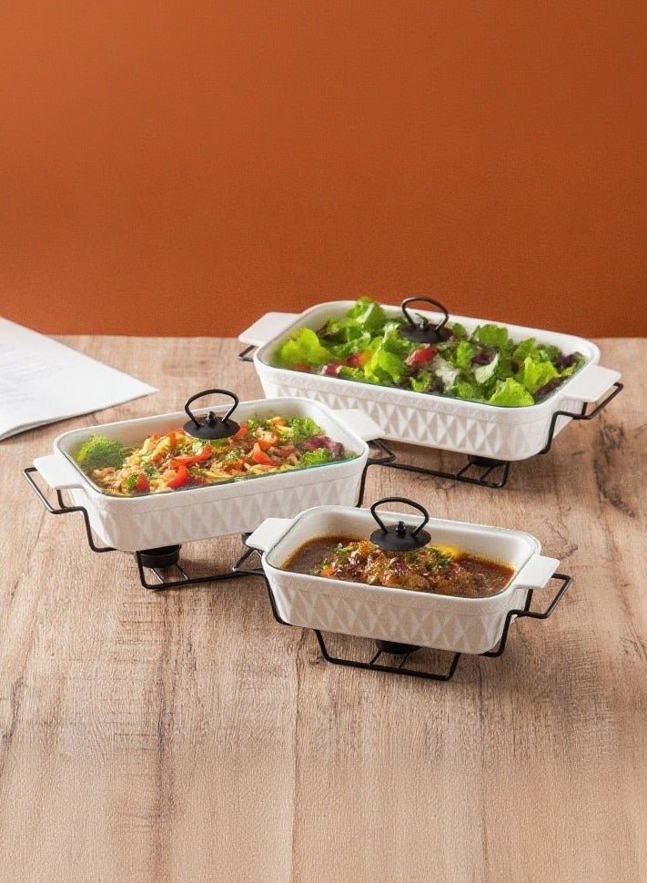 دوف طقم دفايات طعام مستطيلة من البورسلان مكوّن من 3 قطع مع حامل شمع وغطاء زجاجي – أبيض/أسود، بالمقاسات 10 + 12 + 14.5 بوصة - Image 2