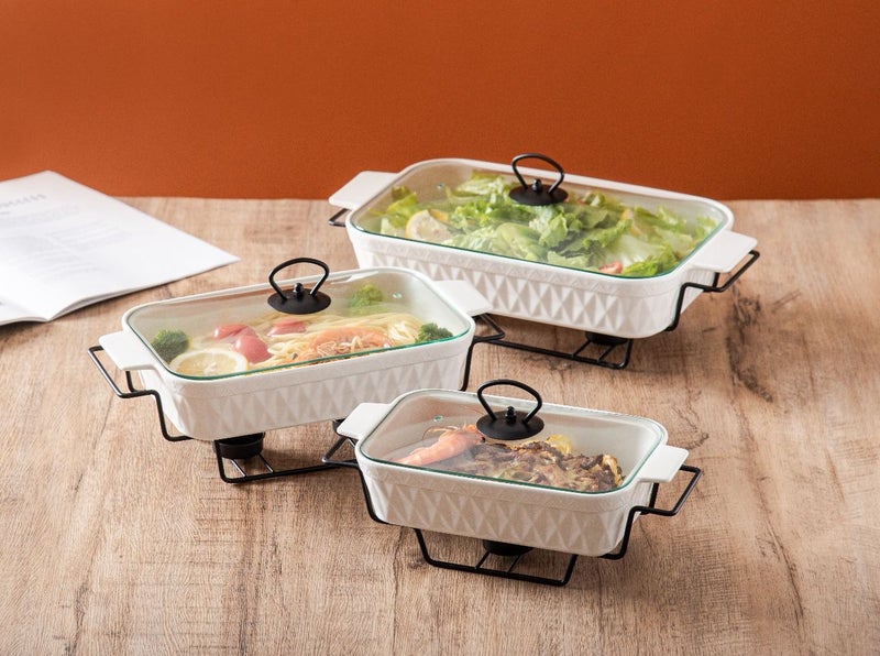 دوف طقم دفايات طعام مستطيلة من البورسلان مكوّن من 3 قطع مع حامل شمع وغطاء زجاجي – أبيض/أسود، بالمقاسات 10 + 12 + 14.5 بوصة - Image 4