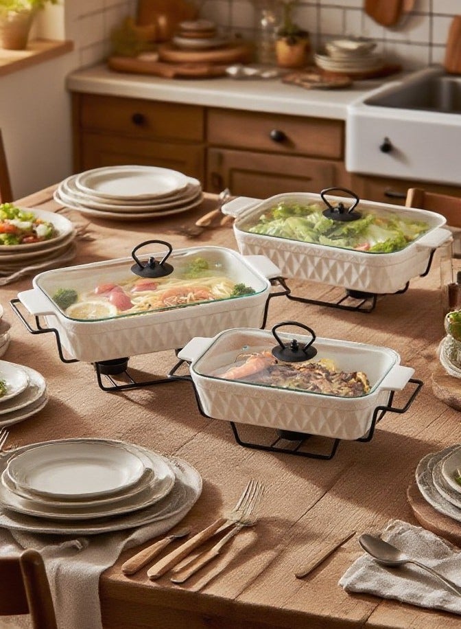 دوف طقم دفايات طعام مستطيلة من البورسلان مكوّن من 3 قطع مع حامل شمع وغطاء زجاجي – أبيض/أسود، بالمقاسات 10 + 12 + 14.5 بوصة - Image 3