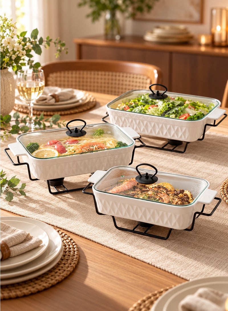 Dove 3-Piece Rectangular Porcelain Food Warmer With Candle Stand & Glass Lid Set White/Black, Sizes 10 + 12 + 14.5 Inch - Image 5