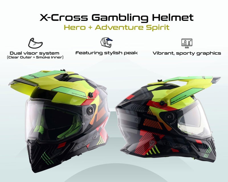 Axor X-Cross Gambling ISI ECE and DOT Certified Premium Off-Road Full Face Helmet with Pinlock Fitted Dual Visors and Stylish Peak-Black Neon Yellow-XL - Image 2