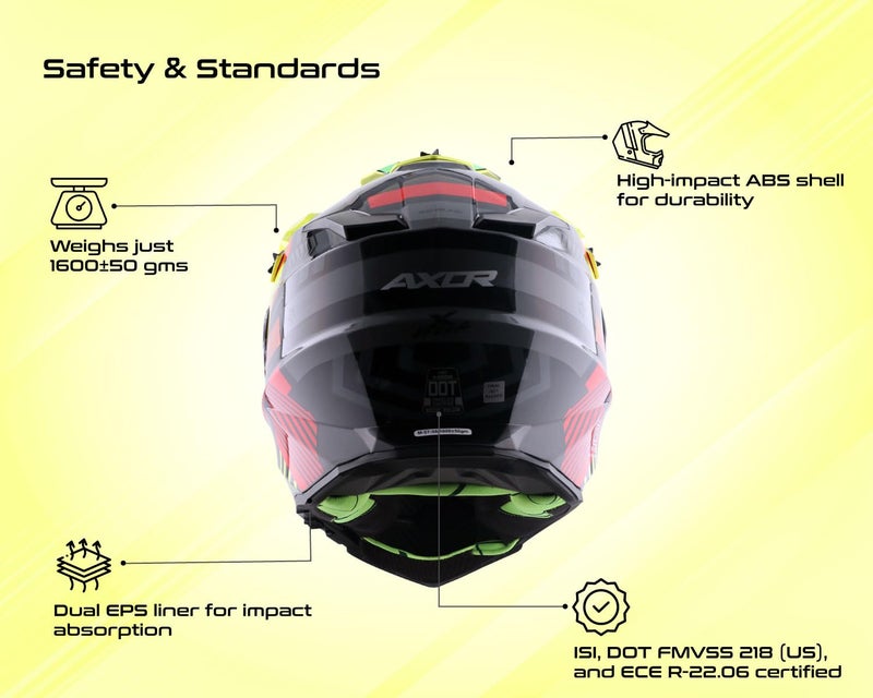 Axor X-Cross Gambling ISI ECE and DOT Certified Premium Off-Road Full Face Helmet with Pinlock Fitted Dual Visors and Stylish Peak-Black Neon Yellow-XL - Image 5