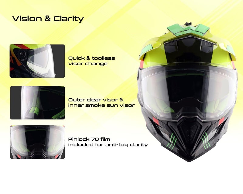Axor X-Cross Gambling ISI ECE and DOT Certified Premium Off-Road Full Face Helmet with Pinlock Fitted Dual Visors and Stylish Peak-Black Neon Yellow-XL - Image 4