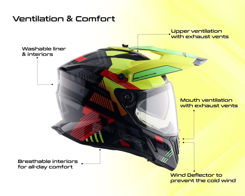 Axor X-Cross Gambling ISI ECE and DOT Certified Premium Off-Road Full Face Helmet with Pinlock Fitted Dual Visors and Stylish Peak-Black Neon Yellow-XL - Image 3