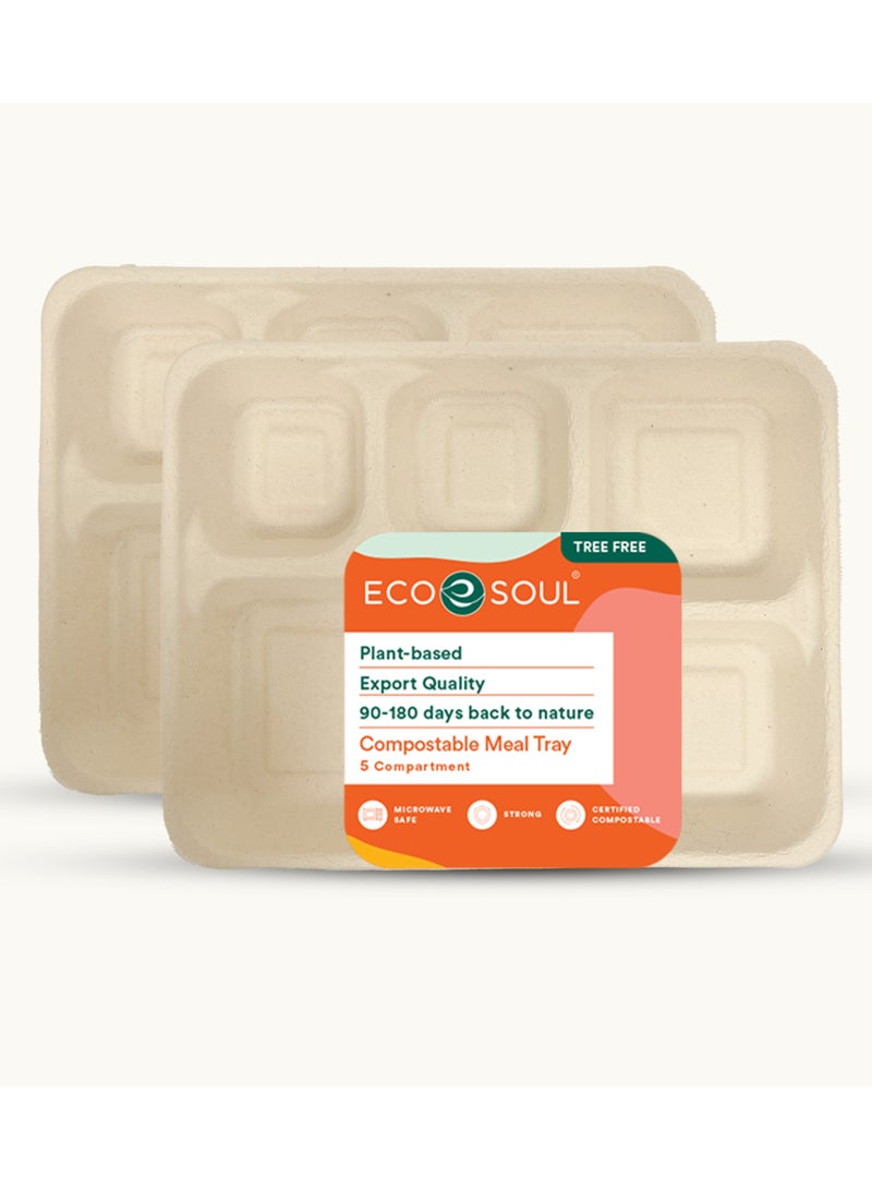 ECO SOUL 10 Piece Set - Bagasse Meal Tray with five Compartments, Organic, Disposable, Eco Friendly,  (Unbleached) - Image 1