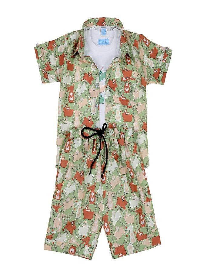 THE LITTLE BUNNY HOP IN STYLE طقم ملابس قطني مطبوع عليه صورة الأرنب الصغير - تي شيرت، قميص، وشورت | زي صيفي مريح للأطفال | عصري وأنيق ومريح | قصة عادية - Image 1