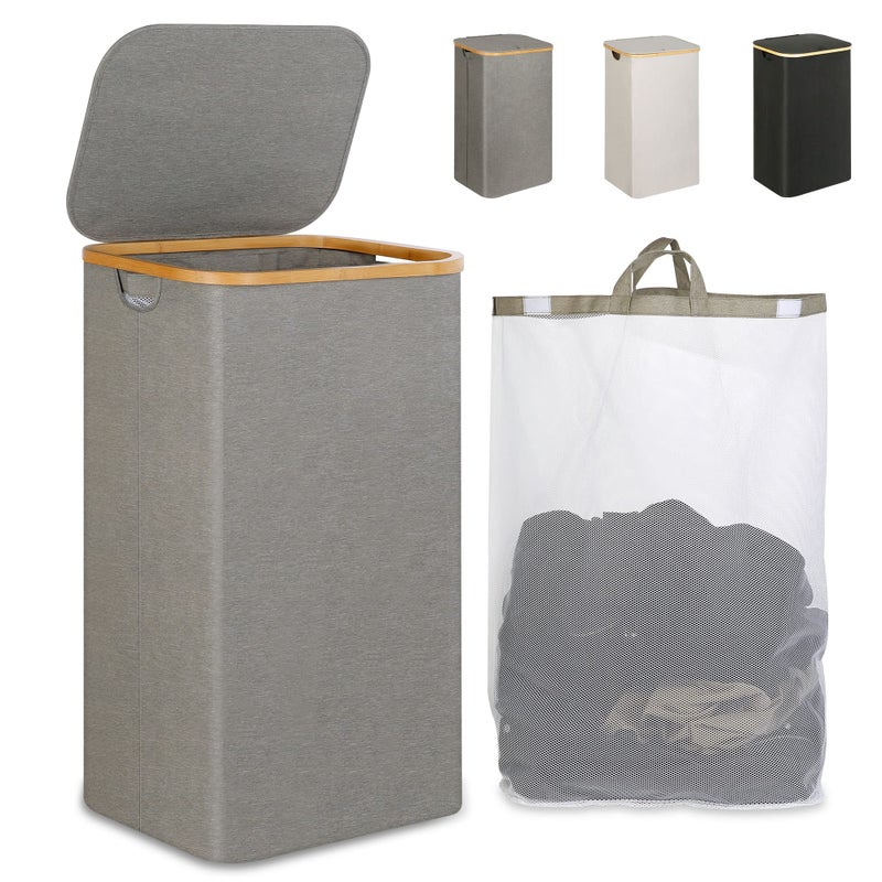 iEGrow Laundry Hamper with Lid, 110L Large Laundry Hamper with Handle and Lid, Collapsible Clothes Basket Organizer with Removable Inner Bag for Clothes Toys Towels - Grey - Image 1