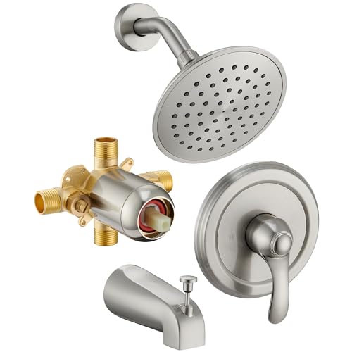 FROPO Tub Shower Faucet Set with Valve, 6-Inch Shower Head and Handle Set Brushed Nickel, Single-Handle Tub and Shower Trim Kit with Touch-Clean Rain Shower Head and Tub Spout - Image 1