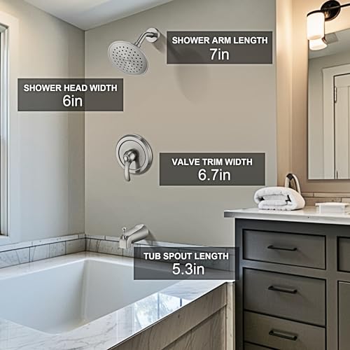 FROPO Tub Shower Faucet Set with Valve, 6-Inch Shower Head and Handle Set Brushed Nickel, Single-Handle Tub and Shower Trim Kit with Touch-Clean Rain Shower Head and Tub Spout - Image 3