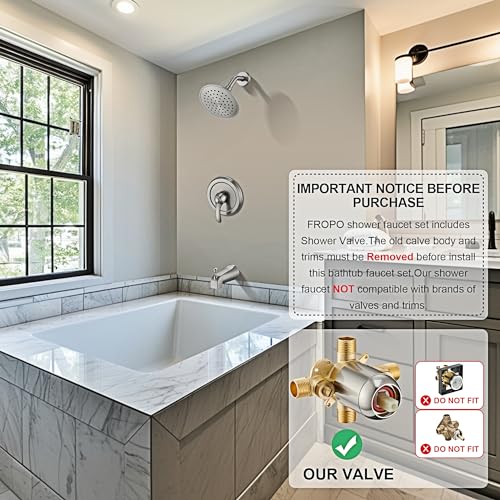 FROPO Tub Shower Faucet Set with Valve, 6-Inch Shower Head and Handle Set Brushed Nickel, Single-Handle Tub and Shower Trim Kit with Touch-Clean Rain Shower Head and Tub Spout - Image 2