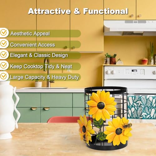 BESZONE Sunflower Utensil Holder Sunflower Kitchen Decor and Accessories Yellow Kitchen Decor Utensil Caddy Countertop Country Crock Counter Organizer Canister Gifts for Women - Image 3