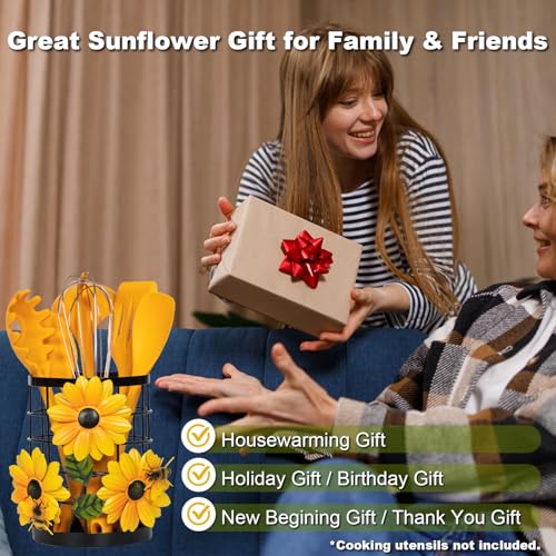 BESZONE Sunflower Utensil Holder Sunflower Kitchen Decor and Accessories Yellow Kitchen Decor Utensil Caddy Countertop Country Crock Counter Organizer Canister Gifts for Women - Image 4