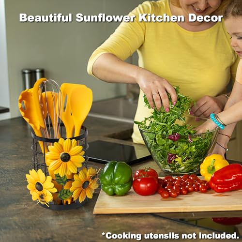 BESZONE Sunflower Utensil Holder Sunflower Kitchen Decor and Accessories Yellow Kitchen Decor Utensil Caddy Countertop Country Crock Counter Organizer Canister Gifts for Women - Image 2
