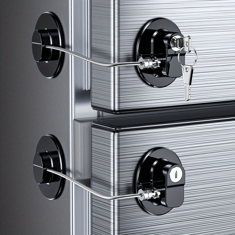 Set Of 2 Black Fridge Locks With Keys For Children Toddlers And Adults Self Adhesive Latches For Double Doors French Door Cabinets Drawers Ovens And Windows - Image 1