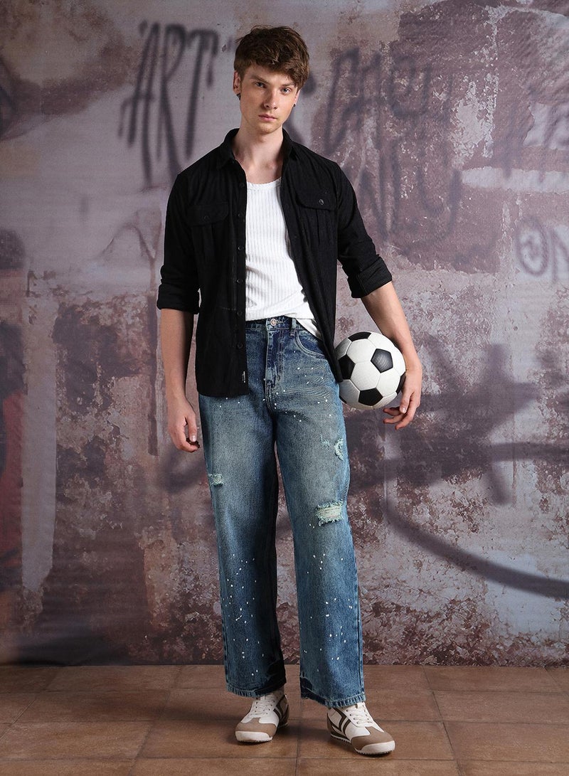 Hubberholme Men Pure Cotton Loose Fit Heavy Distress Paint splater Jeans - Image 1