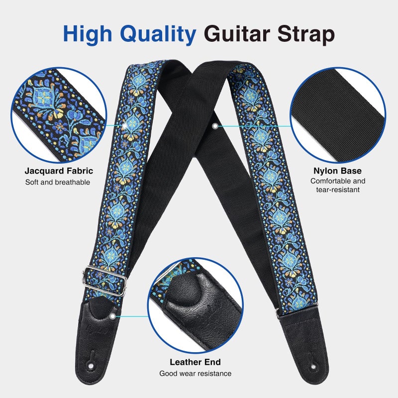 POGOLAB Guitar Strap, 2 inch Wide Jacquard Embroidery Cotton Adjustable Guitar Straps with Leather Ends, Soft & Comfortable, with Strap Locks & Picks, for Bass/Electric/Acoustic Guitar (Blue) - Image 4