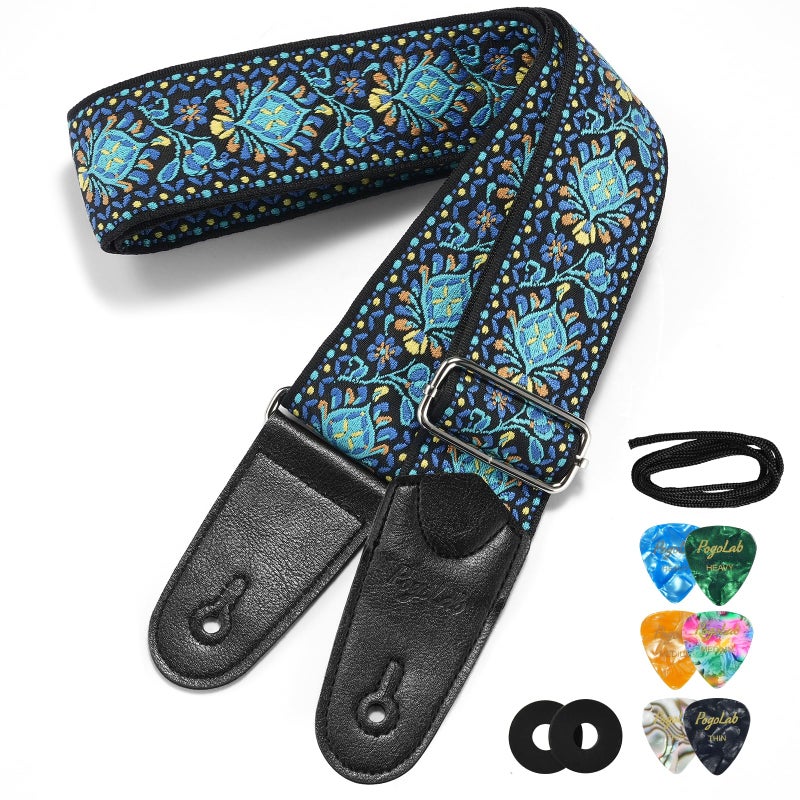 POGOLAB Guitar Strap, 2 inch Wide Jacquard Embroidery Cotton Adjustable Guitar Straps with Leather Ends, Soft & Comfortable, with Strap Locks & Picks, for Bass/Electric/Acoustic Guitar (Blue) - Image 1