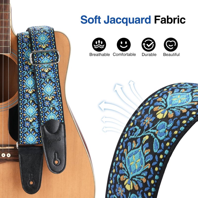 POGOLAB Guitar Strap, 2 inch Wide Jacquard Embroidery Cotton Adjustable Guitar Straps with Leather Ends, Soft & Comfortable, with Strap Locks & Picks, for Bass/Electric/Acoustic Guitar (Blue) - Image 3
