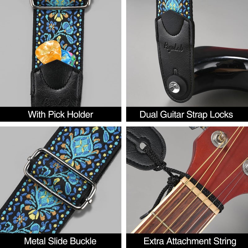 POGOLAB Guitar Strap, 2 inch Wide Jacquard Embroidery Cotton Adjustable Guitar Straps with Leather Ends, Soft & Comfortable, with Strap Locks & Picks, for Bass/Electric/Acoustic Guitar (Blue) - Image 5