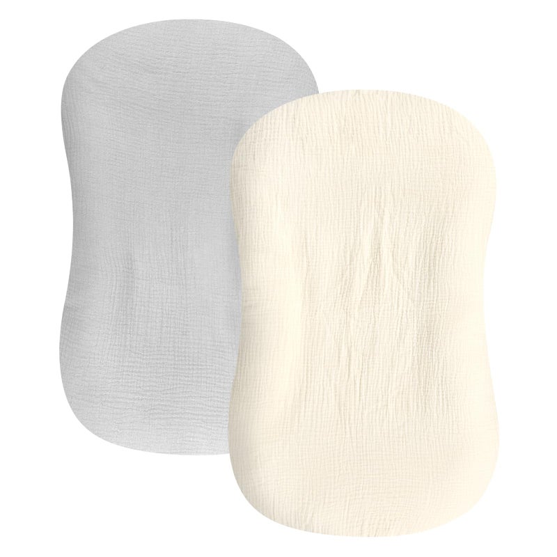 Hooyax Baby Lounger Cover 2 Pack  100 Muslin Cotton Newborn Lounger Pillow Covers Only Soft Breathable Infant Lounger Cover with Reinforced Stitching Fits Most Standard Baby Loungers Grey Cream