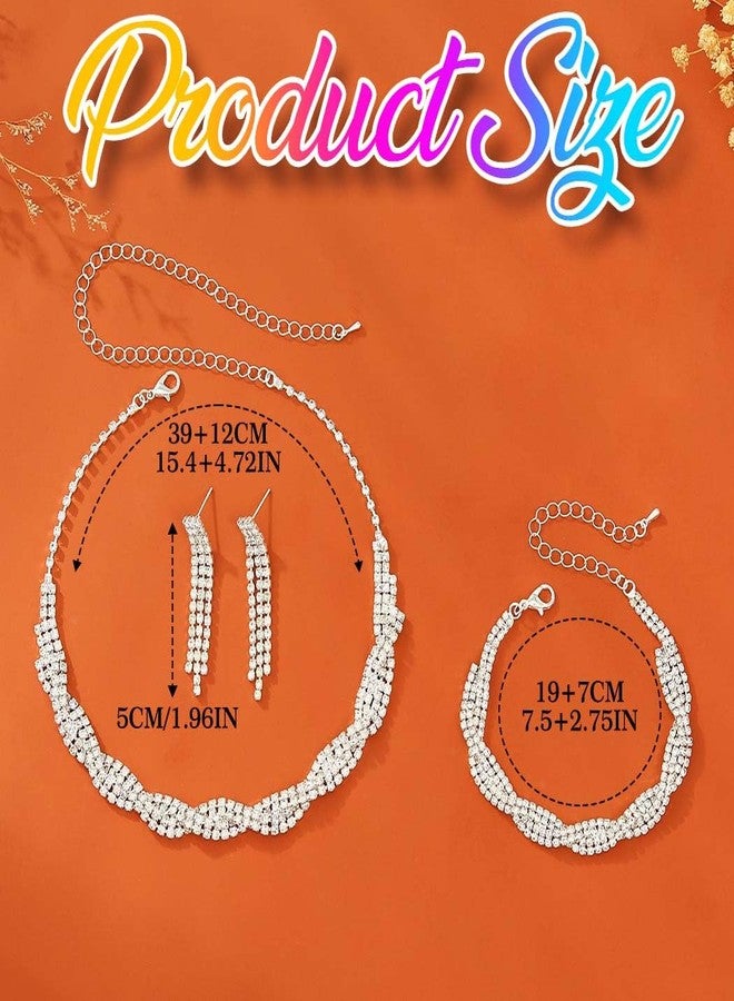 جورايس طقم مجوهرات GORAIS المرصع بأحجار الراين، فضي اللون، يتضمن قلادة تشوكر وأقراط وسوار، مجوهرات زفاف رسمية للنساء والعرائس - Image 2