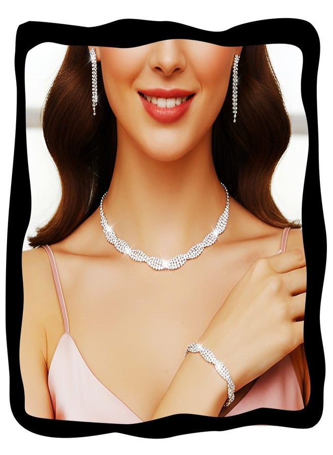 جورايس طقم مجوهرات GORAIS المرصع بأحجار الراين، فضي اللون، يتضمن قلادة تشوكر وأقراط وسوار، مجوهرات زفاف رسمية للنساء والعرائس - Image 1