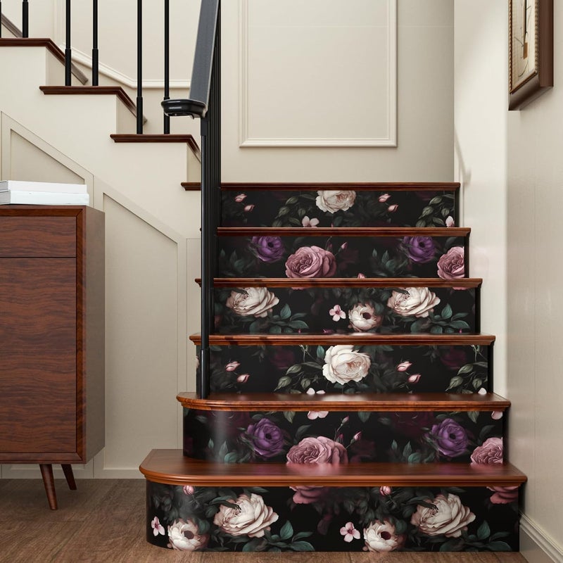 Fvlow Dark Floral Wallpaper Peel and Stick Vintage Pink Rose Contact Paper Black Floral Wallpaper Waterproof Self-Adhesive Wall Covering for Bedroom Countertop Desk Cabinet 17.4" x 118" - Image 4