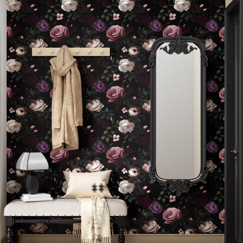 Fvlow Dark Floral Wallpaper Peel and Stick Vintage Pink Rose Contact Paper Black Floral Wallpaper Waterproof Self-Adhesive Wall Covering for Bedroom Countertop Desk Cabinet 17.4" x 118" - Image 3