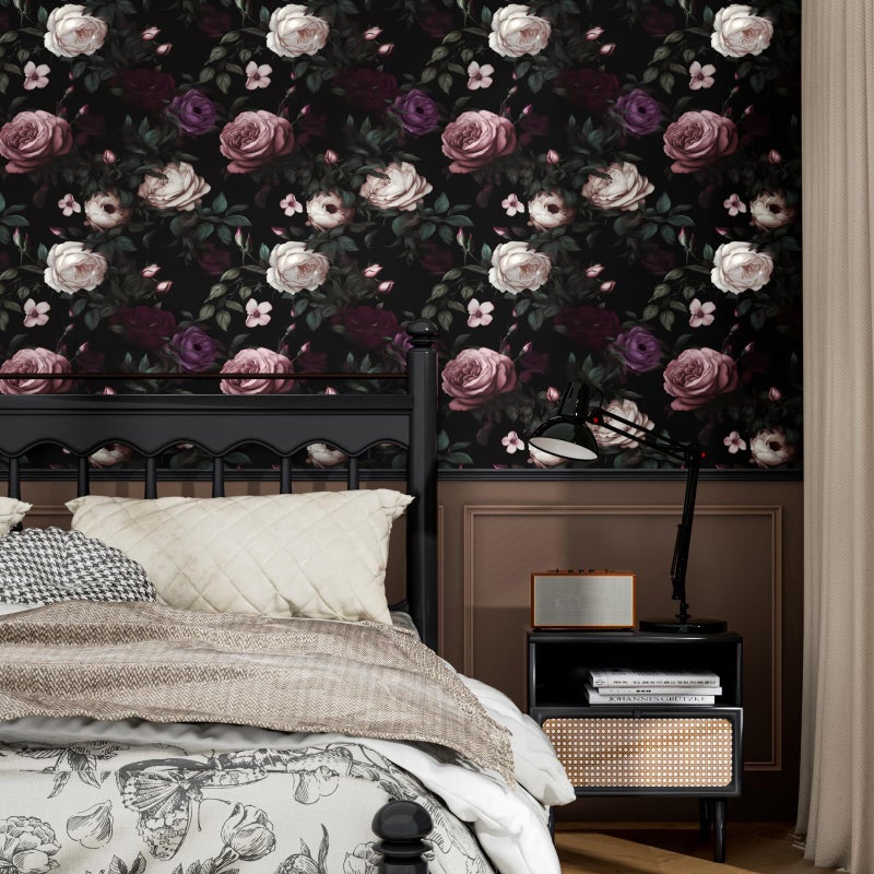 Fvlow Dark Floral Wallpaper Peel and Stick Vintage Pink Rose Contact Paper Black Floral Wallpaper Waterproof Self-Adhesive Wall Covering for Bedroom Countertop Desk Cabinet 17.4" x 118" - Image 5