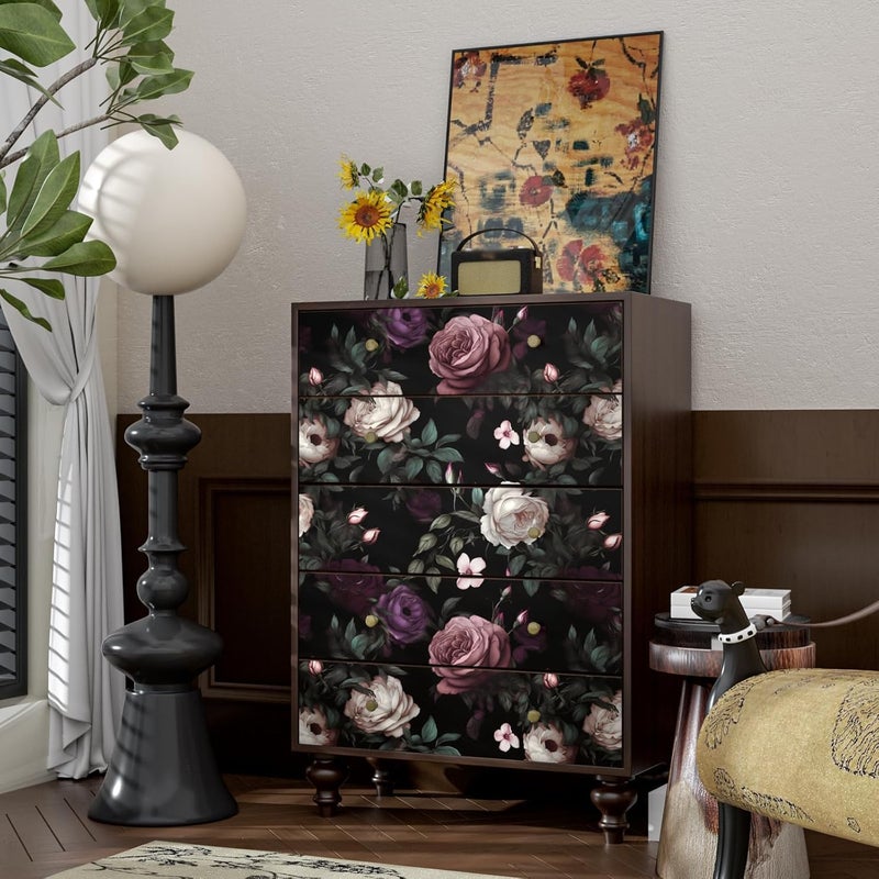 Fvlow Dark Floral Wallpaper Peel and Stick Vintage Pink Rose Contact Paper Black Floral Wallpaper Waterproof Self-Adhesive Wall Covering for Bedroom Countertop Desk Cabinet 17.4" x 118" - Image 2