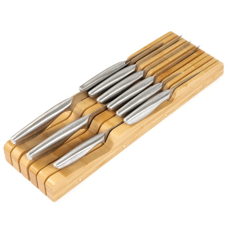 KitchenEdge Bamboo Kitchen Knife Block Holder Organizer  Holds 5 Long  6 Short Knives Not Included Fits Most Knife Sizes Rubber Feet Sustainable Bamboo InDrawer Design