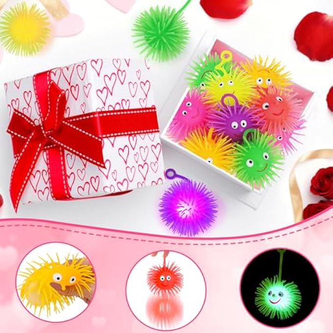 Basytodio 24 PCS LED Puffer Balls Valentines Day Cards for Kids Classroom Glowing Light Up Toys Valentines Gifts School Bulk Sensory Stress Ball Party Favor Bouncy Balls Goodie Bag Stuffers Boys Girls - Image 3