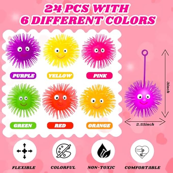 Basytodio 24 PCS LED Puffer Balls Valentines Day Cards for Kids Classroom Glowing Light Up Toys Valentines Gifts School Bulk Sensory Stress Ball Party Favor Bouncy Balls Goodie Bag Stuffers Boys Girls - Image 2