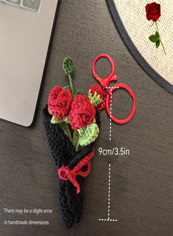 Mshion Handmade Crochet Red Rose Flower Keychain, Cute Keychains for Women Girls Novelty Aesthetic Keychains Holiday Gifts - Image 3