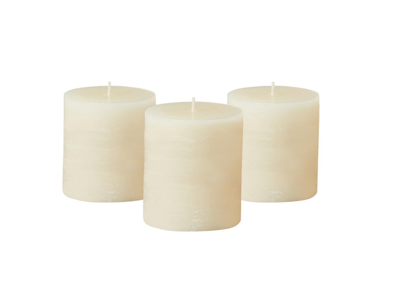 Simply Soson 3x3 inch Ivory Pillar Candles Set of 3 Rustic Texture Unscented Ivory Candles Dripless Candles 3 inch Pillar Candles Ideal as Wedding Parties Spas Dinner Home Decoration Church