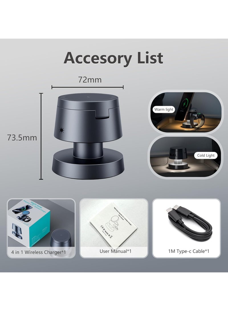 4 in 1 Magnetic Wireless Charging Station,15W Fast Charging with Night Light,Magnetic Wireless Charging Station for iPhone 16/15/14/13Pro Max Apple Watch, AirPods 3/2/1/Pro  Samsung S25 Ultra,S24 Ul