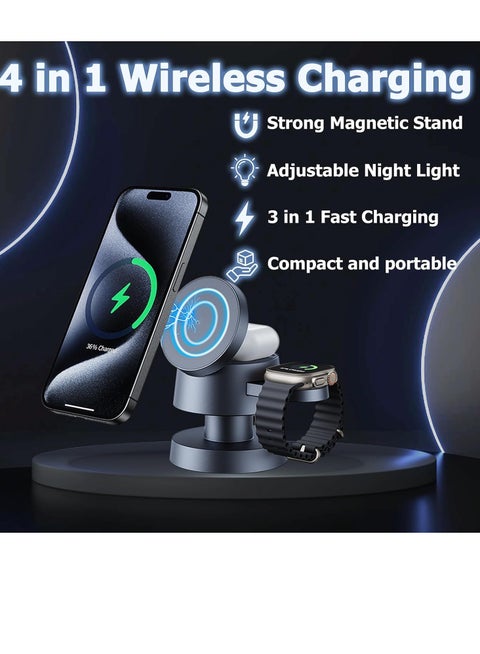 4 in 1 Magnetic Wireless Charging Station,15W Fast Charging with Night Light,Magnetic Wireless Charging Station for iPhone 16/15/14/13Pro Max Apple Watch, AirPods 3/2/1/Pro  Samsung S25 Ultra,S24 Ul