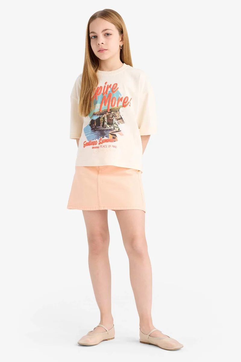 ديفاكتو Girl Oversize Crew Neck Printed Short Sleeve T-Shirt