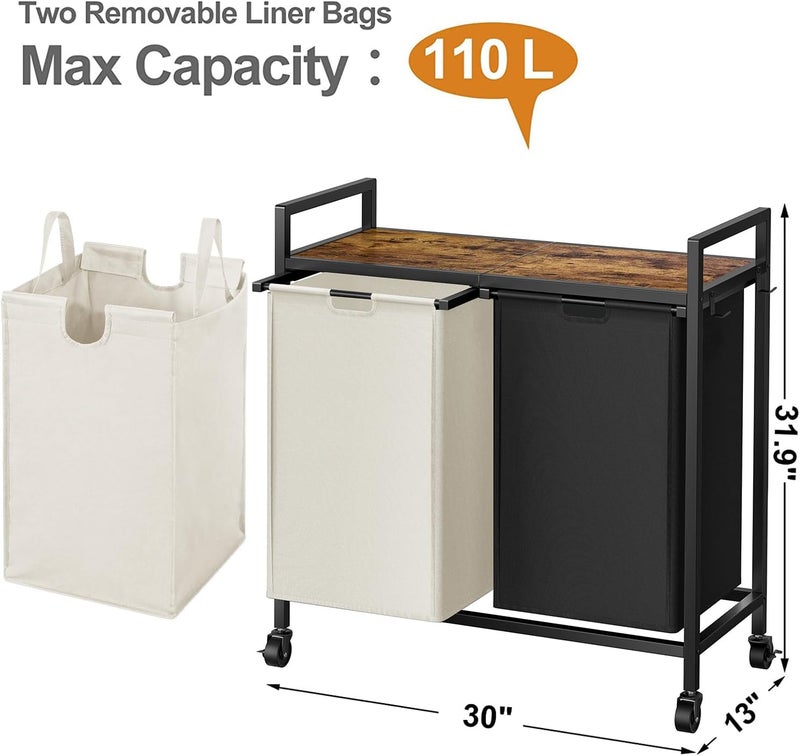 WOWLIVE Double Laundry Hamper with Lid,Rolling Laundry Basket Organizer with Wheels, Iron-Made Laundry Sorter with Top Shelf and 2 Removable Bags,Large Laundry Storage for Room,Black and Beige - Image 4