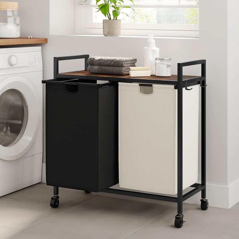 WOWLIVE Double Laundry Hamper with Lid,Rolling Laundry Basket Organizer with Wheels, Iron-Made Laundry Sorter with Top Shelf and 2 Removable Bags,Large Laundry Storage for Room,Black and Beige - Image 3