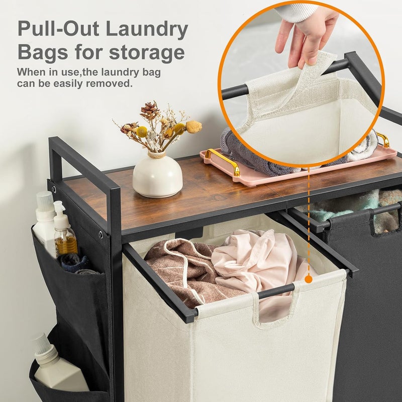 WOWLIVE Double Laundry Hamper with Lid,Rolling Laundry Basket Organizer with Wheels, Iron-Made Laundry Sorter with Top Shelf and 2 Removable Bags,Large Laundry Storage for Room,Black and Beige - Image 5