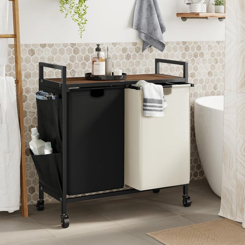 WOWLIVE Double Laundry Hamper with Lid,Rolling Laundry Basket Organizer with Wheels, Iron-Made Laundry Sorter with Top Shelf and 2 Removable Bags,Large Laundry Storage for Room,Black and Beige - Image 2