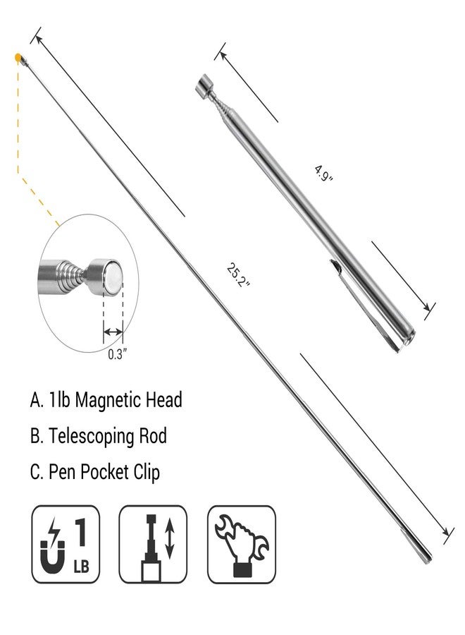 EWK 2 Pcs Stainless Telescoping Magnetic Pick-Up Tool with Pocket Pen Clip, Extendable to 25.2" Length, Magnet Retrieval Gadget Tool with Telescopic Stick Gifts for Father, Men, Craft Enthusiasts - Image 2