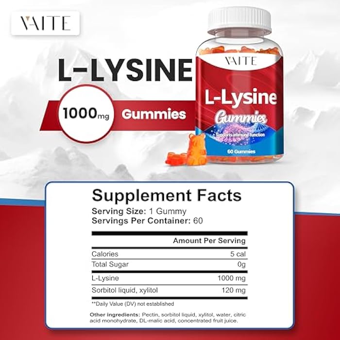 VAITE L-Lysine 1000mg Gummies - Supports Skin, Lip, Vegan, Gluten Free, Vitamins for Adults Tissue Health & Immune System, Chewables, Amino Acid Vitamin Supplement & Complex Supplements, Non-GMO - Image 3