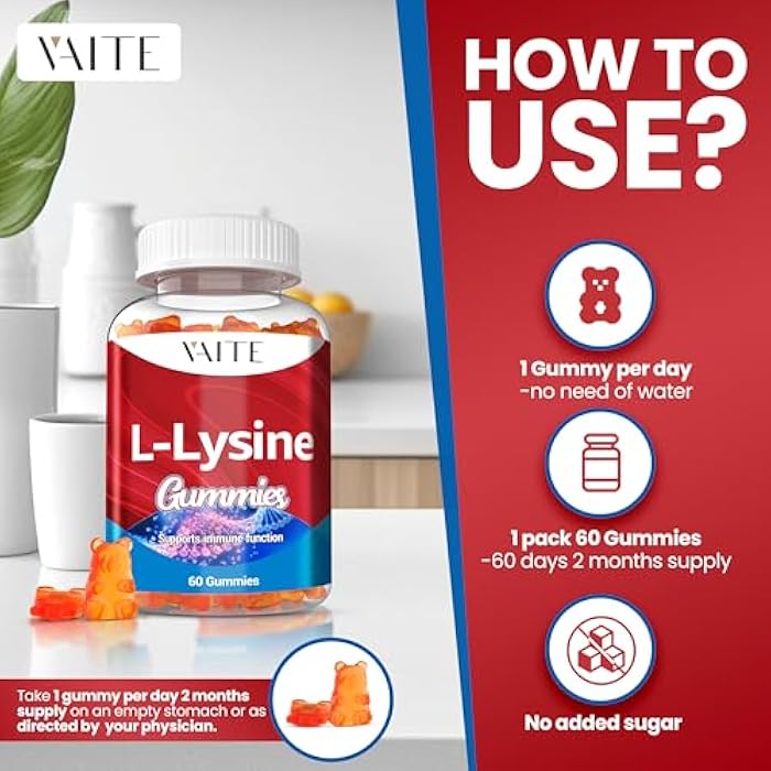 VAITE L-Lysine 1000mg Gummies - Supports Skin, Lip, Vegan, Gluten Free, Vitamins for Adults Tissue Health & Immune System, Chewables, Amino Acid Vitamin Supplement & Complex Supplements, Non-GMO - Image 4