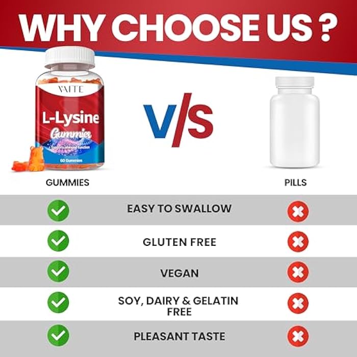 VAITE L-Lysine 1000mg Gummies - Supports Skin, Lip, Vegan, Gluten Free, Vitamins for Adults Tissue Health & Immune System, Chewables, Amino Acid Vitamin Supplement & Complex Supplements, Non-GMO - Image 5