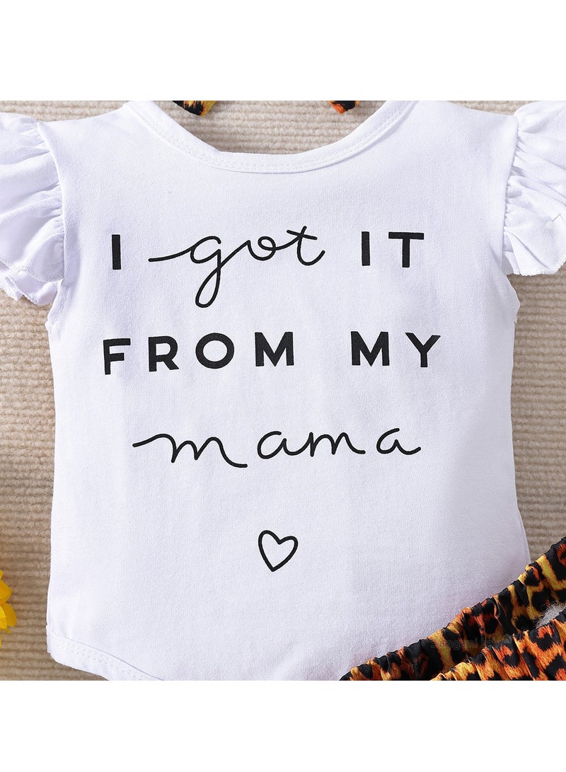 6‑9 M Infant Toddler Summer Romper and Leopard Print Skirt Set with Headband, for Baby Boy or Girl, Pure Cotton, “I got it from my mama” Print, Perfect for Birthday, Photoshoots, Family Gatherings, Beach, Park, Travel, Daily Wear  - Image 5