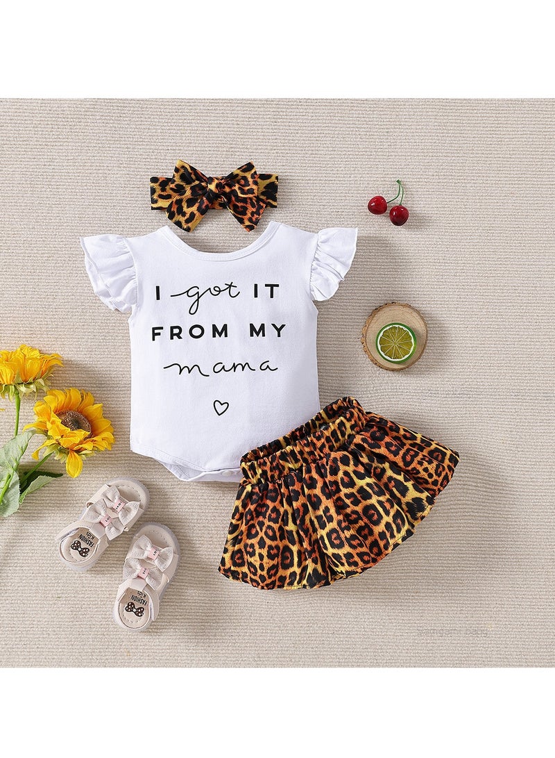 6‑9 M Infant Toddler Summer Romper and Leopard Print Skirt Set with Headband, for Baby Boy or Girl, Pure Cotton, “I got it from my mama” Print, Perfect for Birthday, Photoshoots, Family Gatherings, Beach, Park, Travel, Daily Wear  - Image 1