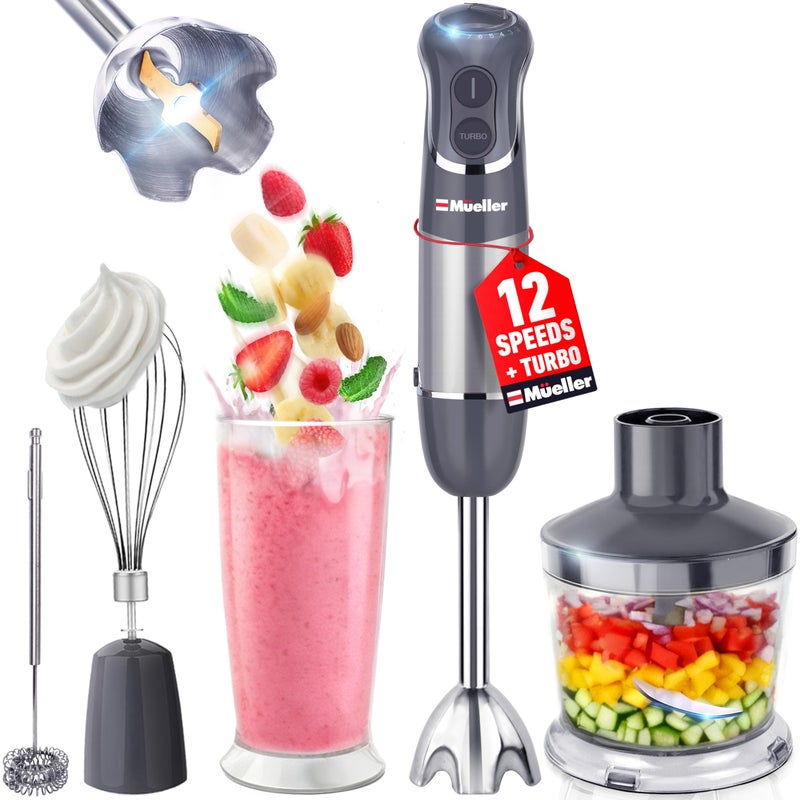 Mueller Multistick 5-in-1 Immersion Blender Handheld,12 Speed Hand Mixer-Turbo Boost,Heaviest Duty Copper Motor,Titanium reinforced Blades Hand Blender,Milk Frother Wand,Whisk,Beaker,Chopper,Grey - Image 1