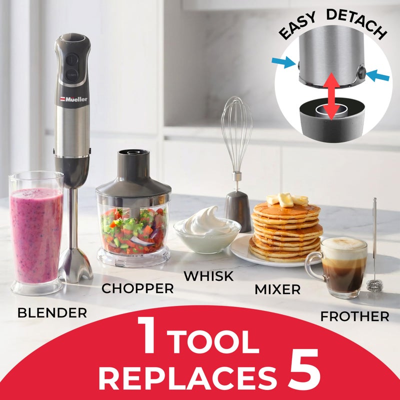 Mueller Multistick 5-in-1 Immersion Blender Handheld,12 Speed Hand Mixer-Turbo Boost,Heaviest Duty Copper Motor,Titanium reinforced Blades Hand Blender,Milk Frother Wand,Whisk,Beaker,Chopper,Grey - Image 3
